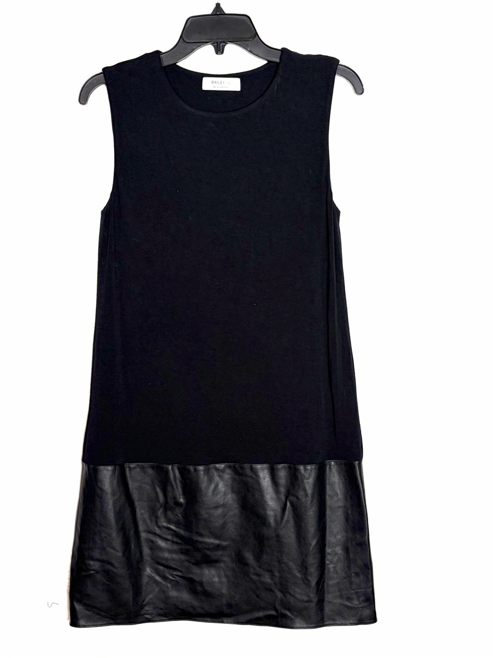 Bailey 44 Dress Women M Black Sleeveless Rayon Stretch Faux Leather Mod Minimal